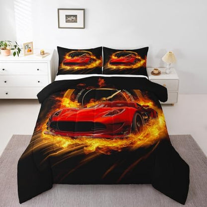 Erosebridal Red Race Car Queen Comforter Set for Boys Girls,Kids Sports Car Bedding Set Race Car Decor for Toddler Boys Room,Cool Cars Comforter Set Breathable Racing Car Quilt Bed Set 3Pcs