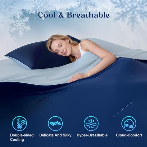 Bcareself Double-Sided Cooling Comforter for Hot Sleepers, All-Season Breathable Lightweight Cooling Blanket, Night Sweats Relief, Cool to the Touch Silky Soft Fabric Bedding Gift, Dark Blue Twin Size