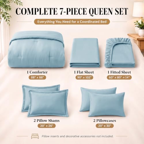 CozyLux Queen Comforter Set Light Blue, 7 Pieces Bed in a Bag