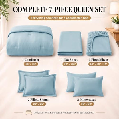 CozyLux Queen Comforter Set Light Blue, 7 Pieces Bed in a Bag