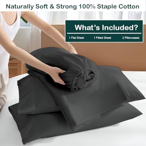 NON Sticky cotton Queen 4 Piece Sheet Set, 100% Long Staple Cotton, Soft Cooling Hotel Luxury Bedding Sheets, Deep Pocket Fits 10" to 18" Mattress, 60" x 80", Dark Grey Solid