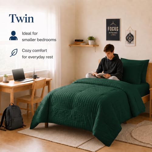 CozyLux Twin Comforter Set, 5 Pieces Emerald Green Seersucker Bed in a Bag