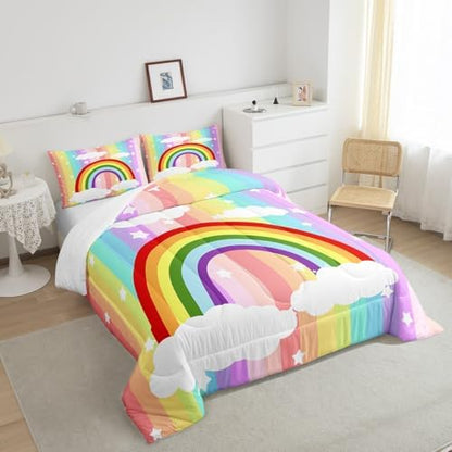 Girls Colorful Stripes Twin Size Comforter Set,Kids Rainbow Decor All Season Bedding Set,Teens Star and Cloud Comforter,Children Dreamy Decor Quilt Set Bedroom Collection 2Pcs