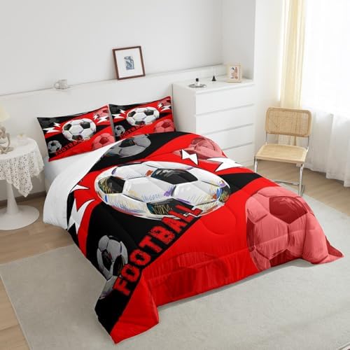 Erosebridal Football King Size Comforter Set for Boys & Girls, Sports Bedding Set for Kids Room Decor, Soccer Theme 3Pcs - Red & Black