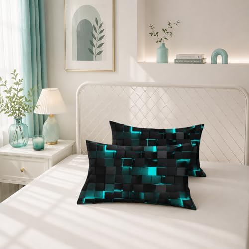 Geometric Turquoise Black Comforter Set,Light Honeycomb 3 Piece Bedding Set King Size for Teen Boys,Modern Quilt Set Geometry Decor,Microfiber Lightweight 1 Comforter 2 Pillowcases All Season