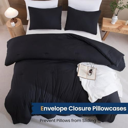 Paxrac Black Comforter Set King Size, Modern 3 Pieces Comforter Set, Lightweight & Fluffy Solid Bedding Set, All Seasons Soft Breathable King Comforter Set (104x90In Comforter & 2 Pillowcases)