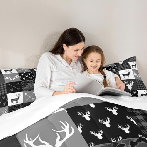 Deer Silhouette Comforter Set Queen Size,Camo Western Rustic Farmhouse Xmas Bedding Set 3pcs for Kids Teens Home Room Decor,Antlers Arrow Geometric Quilt Set,Black Grey Duvet Insert,2 Pillowcases