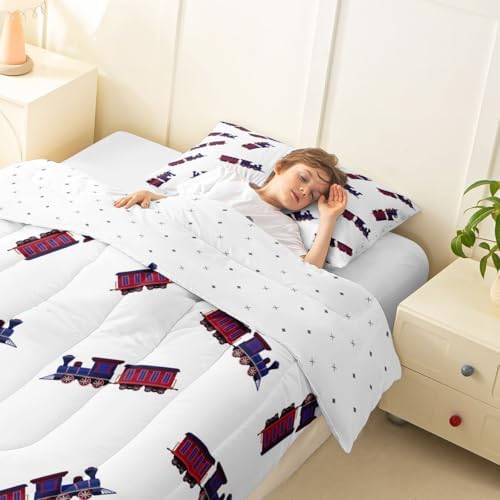 Feelyou Cute Retro Train Comforter Set Twin Size Vintage Steam Locomotive Down Bedding Set for Kids Boys Girls Transportation Vehicles Duvet Quilt Bedroom Decor Microfiber 2 Pcs with 1 Pillow Case