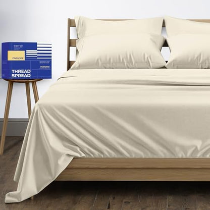 THREAD SPREAD California King Bed Sheets, Luxury 1000 Series Paradise Collection 100% Egyptian Cotton Cal King Sheets Set (6 PC, Ivory), Soft, Cooling, Sateen, 16" Deep Pocket Hotel Sheet Set