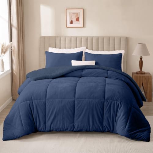 Fluffy Sherpa King Comforter Set, Thick Bedding Set 3 Pieces, Navy