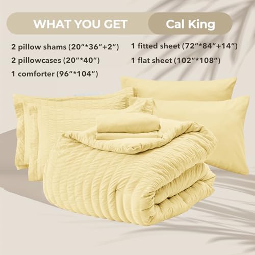 HYMOKEGE Yellow California King Comforter Set Seersucker 7 Pieces, All Season Luxury Bed in a Bag for Bedroom, Bedding Set with Comforter, Sheets, Pillowcases & Shams
