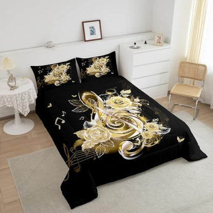 Feelyou Yellow Music Note Comforter Set King Size Couple Rose Floral Comforter for Girls Women Lover Valentine's Day Bedding Set Romantic Musical Duvet Set Room Decor