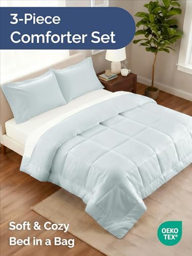 King Comforter Set - Ice Blue Bedding for All Seasons - 3 Piece Bed Set