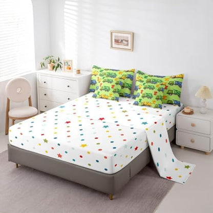 Erosebridal Boys Garbage Trucks Queen Bed in A Bag, Trash Truck Comforter Set with Sheets, Cartoon Car 7 Pieces Bedding Set for Teens Men Kids Room Decor, Colourful Trash Cans Green Bed Sets