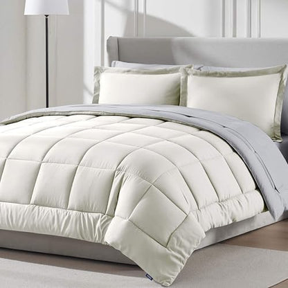 Nestl 9 Piece Full Comforter Set – Off White Reversible Bed in a Bag – Complete Full Size Bedding Set with Sheets, Set of 2 Cooling Pillows, Pillowcases and Shams