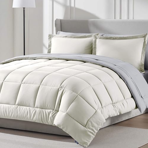 Nestl 9 Piece Queen Comforter Set – Off White Reversible Bed in a Bag – Complete Queen Size Bedding Set with Sheets, Set of 2 Cooling Pillows, Pillowcases and Shams