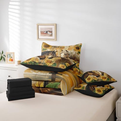 Erosebridal Couple Horse Bedding Set Full,Sunflower Farm Animals Comforter Set,Rustic Farmtyle(Comforter+Fitted+Flat Sheet+2 Pillowcases+2 Throw Pillow Covers) 7 Pieces Old Wooden Boards Bed Set