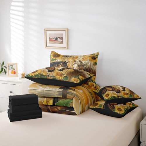 Erosebridal Couple Horse Bedding Set Twin,Sunflower Farm Animals Comforter Set,Rustic Farmtyle(Comforter+Fitted+Flat Sheet+2 Pillowcases+2 Throw Pillow Covers) 7 Pieces Old Wooden Boards Bed Set