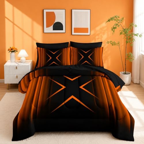Nttopship Black and Yellow Geometric Comforter Set Twin Size 7Pieces,3D Abstract Mordern Printed Bedding Set for Adults,Geometric Mordern Decor All Seasons with Pillowcases,Flat, Fitted Sheet