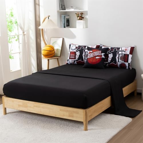 Aimuan Sports Geometric Grid Black Patchwork Basketball Printed for Boys Twin 6Pcs Bed in A Bag Black and Red Comforter Bedding Set Twin Size, Black-Red