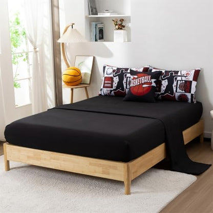 Aimuan Sports Geometric Grid Black Patchwork Basketball Printed for Boys Twin 6Pcs Bed in A Bag Black and Red Comforter Bedding Set Twin Size, Black-Red