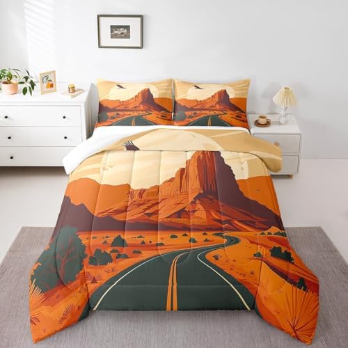 Western Desert Comforter Set Twin Size,Road Travel Nature Scenery Bedding Set for Kids Teens Adults Room Decor,Retro Rustic Farmhouse Quilt Set,Sunset Cowboy Vintage Duvet Insert 2Pcs,1 Pillowcase