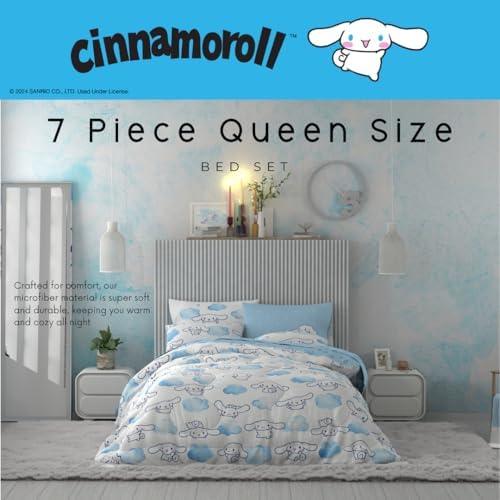 Cinnamoroll Bedding 7 Piece Super Soft Cozy Reversible Comforter and Sheet Set with Sham, Queen, (100% Official Licensed Product) By Franco