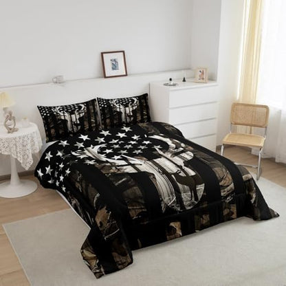 American Flag Queen Comforter Set, Grey Camouflage Antlers and Leaves Down Comforter for Man Adult,Camo Hunting Deer Animal Camping Bedding Set Stars Stripes USA Flag Quilt,Farmhouse Style