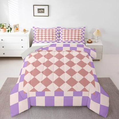 Feelyou Checkered Geometric Comforter Set All Season Pink Purple Plaid Bedding Set with 1 Pillow Cases Checkerboard Modern Aesthetic Kids Toddler Bedclothes Reversible Grey Bedroom Decor Duvet Quilt