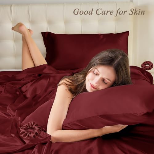Vielit Standard Satin Pillowcase for Hair 2pc,Similar to Silk Pillow Cases, for Women Men,Burgundy,20x26 & Envelope Closure and 2 Satin Scrunchies