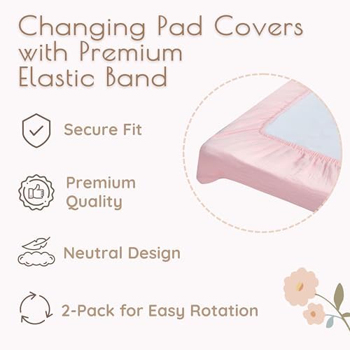 Baby Changing Pad Covers Girl, 2-Pack Changing Table Sheets, Cotton Muslin Changing Pad Covers, 32"x16" x 8" Diaper Changing Pad Cover Girl, Oeko-TEX Certified (Floral Pink Changing Pad Cover)