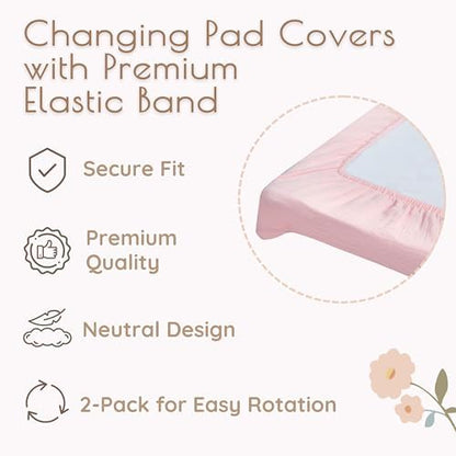 Baby Changing Pad Covers Girl, 2-Pack Changing Table Sheets, Cotton Muslin Changing Pad Covers, 32"x16" x 8" Diaper Changing Pad Cover Girl, Oeko-TEX Certified (Floral Pink Changing Pad Cover)