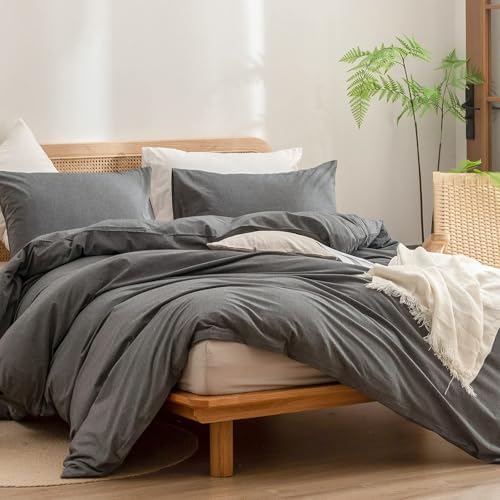 BESTOUCH Cotton Solid Duvet Cover Set Linen Feel Dark Grey Alaska King