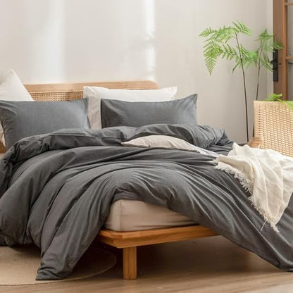 BESTOUCH Cotton Solid Duvet Cover Set Linen Feel Dark Grey Alaska King