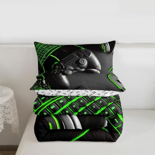 Feelyou Gamer Comforter Set All Season Gaming Bedding Set with 2 Pillow Cases Game Room Decor Microfiber Kids King Bedclothes Gamepad Bedroom Decor Green Duvet Quilt Breathable Soft Lightweight