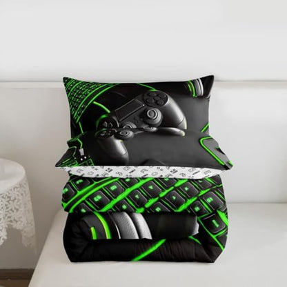 Feelyou Gamer Comforter Set All Season Gaming Bedding Set with 2 Pillow Cases Game Room Decor Microfiber Kids King Bedclothes Gamepad Bedroom Decor Green Duvet Quilt Breathable Soft Lightweight