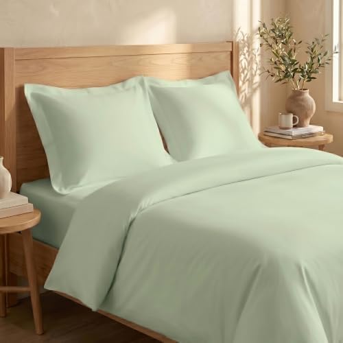 BIOWEAVES 100% Organic Cotton Full/Queen Duvet Cover Set, 3-Piece, 300 Thread Count Sateen Weave GOTS Certified Comforter Cover with Buttoned Closure and 2 Pillow Shams – Pastel Green, 90x90 inches