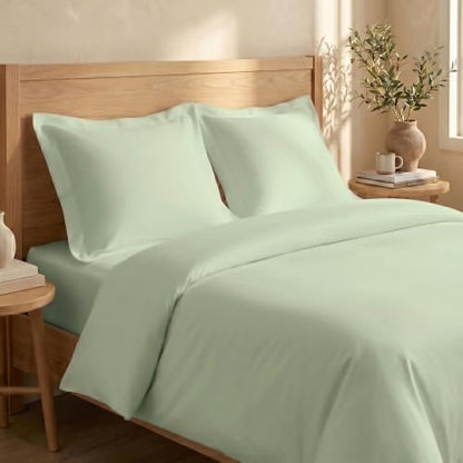 BIOWEAVES 100% Organic Cotton Full/Queen Duvet Cover Set, 3-Piece, 300 Thread Count Sateen Weave GOTS Certified Comforter Cover with Buttoned Closure and 2 Pillow Shams – Pastel Green, 90x90 inches