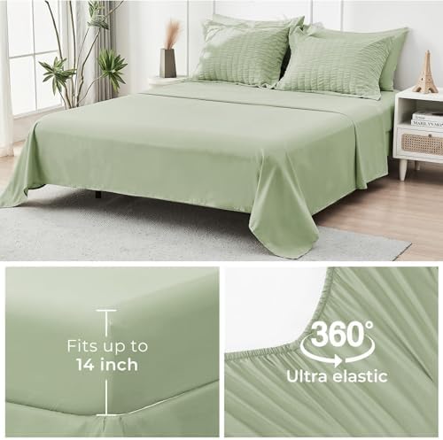 HYMOKEGE Light Green Full Size Comforter Sets Seersucker 7 Pieces, All Season Luxury Bed in a Bag for Bedroom, Bedding Set with Comforters, Sheets, Pillowcases & Shams