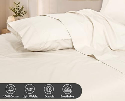 ZOYER 100% Cotton Sheets – Twin Size Percale Bedding, Cooling & Breathable, Durable with a Crisp, Soft & Comfortable Feel, 16" Deep Pocket, 3-Piece Set, Cream White