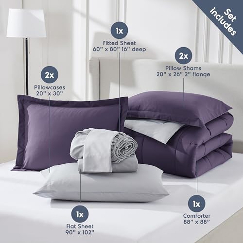 Nestl 9 Piece Queen Comforter Set – Purple Reversible Bed in a Bag – Complete Queen Size Bedding Set with Sheets, Set of 2 Cooling Pillows, Pillowcases and Shams
