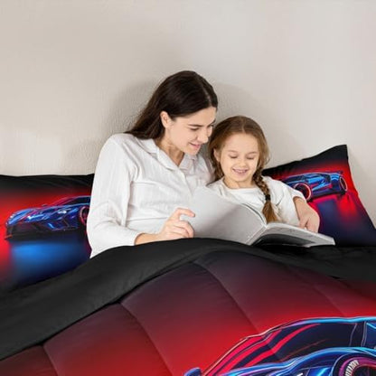 Erosebridal Boys Race Car Toddler Size Bedding Set Kids Racing Car Comforter for Teen Boys 3D Red Blue Sports Cars Bedding Comforter Sets,Cars Racing Games Duvet,Cama De Carro para Niños Decoración