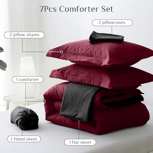 JOLLYVOGUE Full Comforter Set, Ultra-Soft Bed in a Bag Full Size 7 Pieces, Oeko-TEX Certified Bedding Set with Down Alternative Comforter, Sheets, Pillowcases & Shams, Burgundy & Black