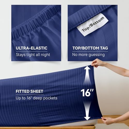 Cooling Sheets Set Cal King Size, Viscose Derived from Bamboo for Hot Sleepers, Double Stitching, Deep Pocket to 16 Inch, Silky Soft and Breathable Bedding, 4PC (Cal King, Jacquard Navy)