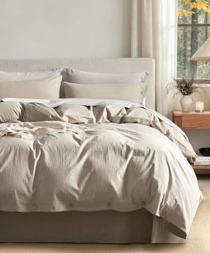 JELLYMONI 100% Washed Cotton Khaki-Beige Duvet Cover Full, Linen-Like