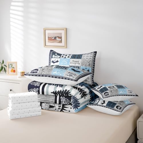 Erosebridal 7 Piece Rv Camper Comforter Set Queen for Kids Adults,Happy Camping Bedding Set for Travel Trailers,Blue Buffalo Plaid Bed in a Bag with Sheets,Cabin Patchwork Bed Set with Pillowcases