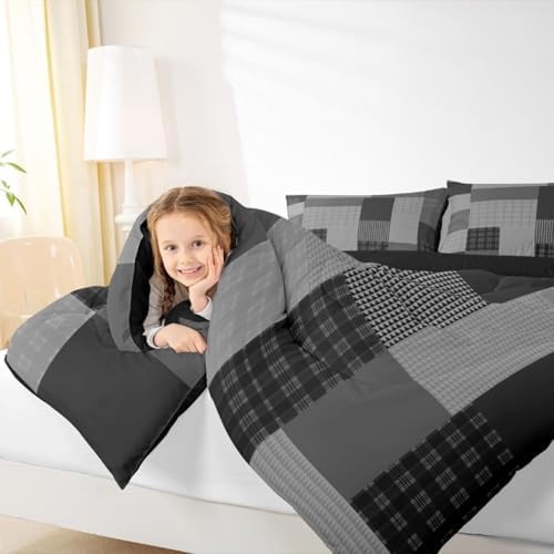 jejeloiu Plaid Kids Comforter Set King Size Farmhouse Patchwork Bedding Set Check Checkered Duvet Quilt for Kids Boys Girls Bedroom Rustic Lodge Cabin Decor Microfiber Ultra Soft Breathable