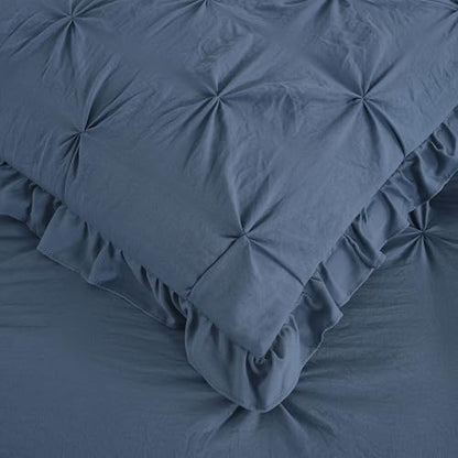 Chezmoi Collection Aria 3-Piece Pinch Pleat Pintuck Ruffle Skirt Bedspread Set - French Country Chic Farmhouse - King, Dusty Blue