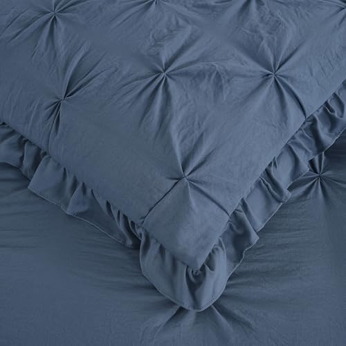 Chezmoi Collection Aria 3-Piece Pinch Pleat Pintuck Ruffle Skirt Bedspread Set - French Country Chic Farmhouse - California King, Dusty Blue