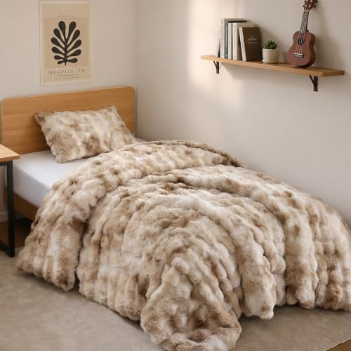 YIKUSH Twin Faux Fur Soft Comforter Set, Fluffy Bedding Set, Tiedye Beige